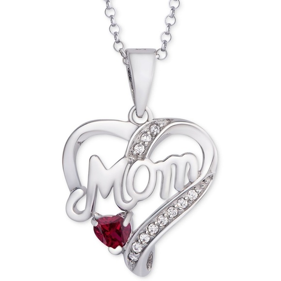 NWT MACY’S RHODOLITE GARNET & WHITE SAPPHIRE HEART MOM STERLING SILVER NECKLACE - Picture 1 of 12
